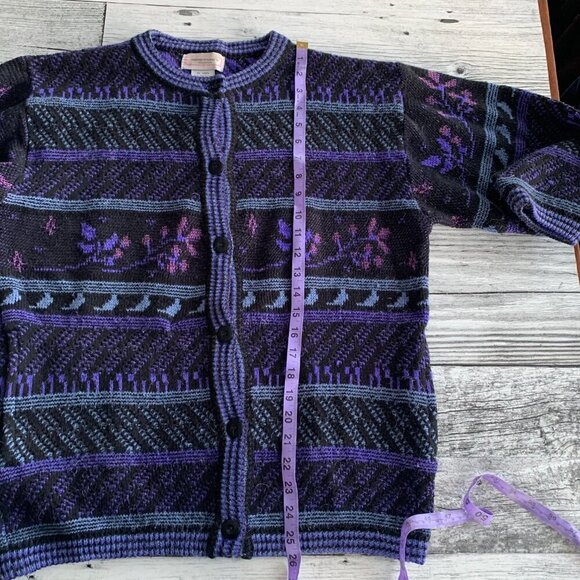 Vintage Woodward's Black Purple Stripe Floral Knit Button Up Cardigan Sweater - Picture 12 of 15